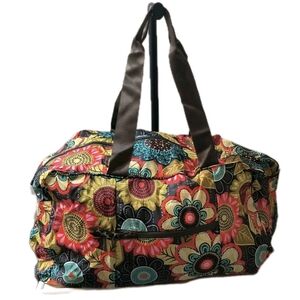 NWT Vera Bradley Sunflower Sky Packable Duffle Bag Black Floral Brown Straps NEW